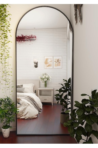 Zer 180x66 Kemerli Zemin Aynası,tam Boy Aynalı Duvar Aynası, Yatak Odası, Giyinme Odası İçin Standlı Siyah