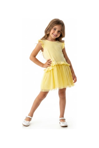 Toontoy Kids Toontoy Kız Çocuk Regular Fit Bisiklet Yaka Fırfır Kol Fiyonk Detaylı Tüllü Elbise 25047 Açık Sarı