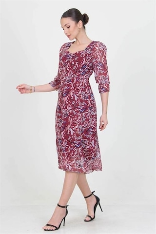 Dip Moda Kadın Kalp Yaka Desenli Şifon Elbise Dpry0030 Bordo