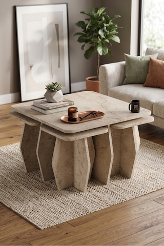 Vaveni Orta Sehpa Ve Zigon Sehpa 5'li Set Modern Çok Amaçlı Salon Oturma Odası Yan Sehpa 9249 Traverten Arz
