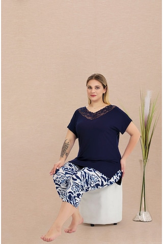 Aria's Closet Büyükbeden Viskon Şık Tasarım Lacivert Dantel İşlemeli Desenli Kı