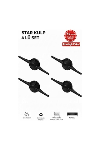 Lüks Star Kulp Siyah 32mm 4 Adet Mobilya,yatak Odası, Tv Ünitesi,çocuk Ve Genç Odası, Dolap Kulpu Siyah