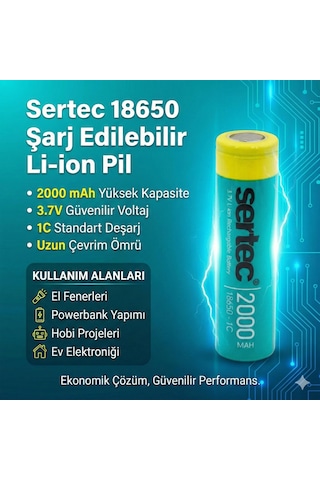 Sertec 18650 Şarjlı Pil 2000mah Fener Pili 3.7v Li-ion Başlıksız Düz 2li