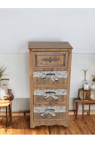 Ahşap 4 Çekmeceli Hasır Görünümlü Sebzelik Atlantik Çam