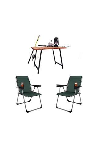 Alin Metal 2''li Lüks Bardaklı Kamp Sandalyesi Ve Masa Set Yeşil Yeşil