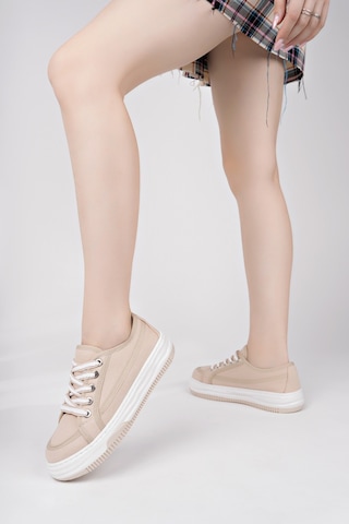 Muggo Carina Kalın Taban Bağcıklı Kadın Günlük Sneaker Spor Ayakkabı Bej
