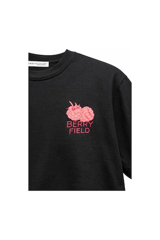 Mixray 2054 Kadın Berry Field Baskılı %100 Pamuk T-shirt Siyah