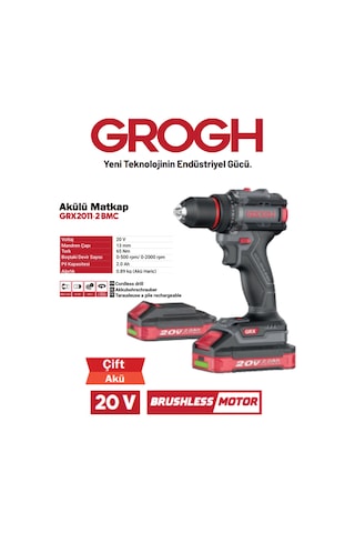 Grogh GRX2011-2 BMC Akülü Şarjlı Matkap 20V 2AH Darbesiz Delme Vidalama Matkap
