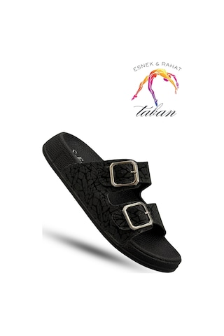 Sermoda Çift Toka Kadın Terlik - Rahat Ve Esnek Tabanlı Ayarlanabilir Bantlı Kadın Terlik Siyah