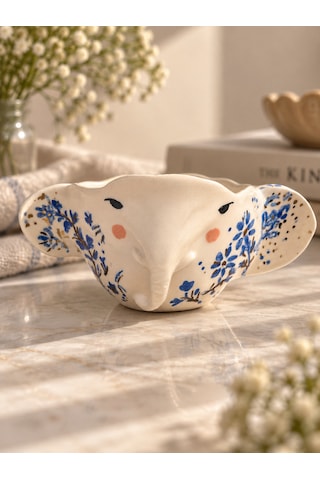 Floral Fil Kupa El Yapımı Seramik Altın - Mavi