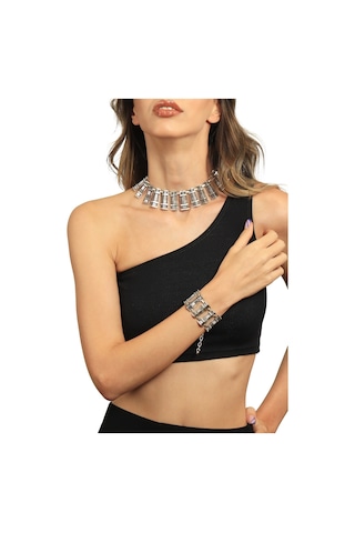 Kadın Antik Gümüş Kaplama Geometrik Tasarım Kolye & Bileklik Set Gümüş