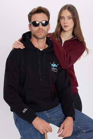 Tudors Unisex Oversize Geniş Kesim Pamuklu Yumuşak Dokulu İçi Polarlı Baskılı Siyah Kapüşonlu Sweatshirt-32508 Siyah