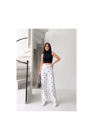 Kene Jeans Bol Paça Puantiyeli Beyaz Keten Pantolon Beyaz