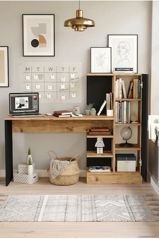 Yurudesign Laura Kitaplıklı Çalışma Masası Atlantik Çam Siyah Ct2