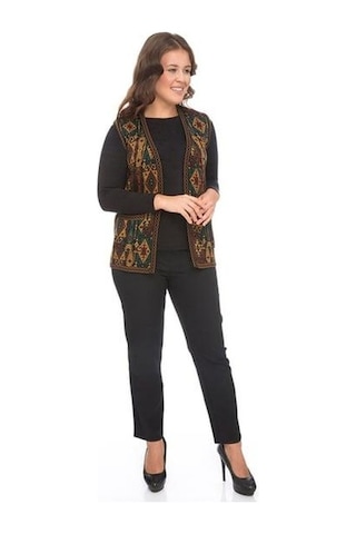 Kadın Etnik Desen Klasik Triko Örgü Kilim Yelek 1052-siyah Siyah