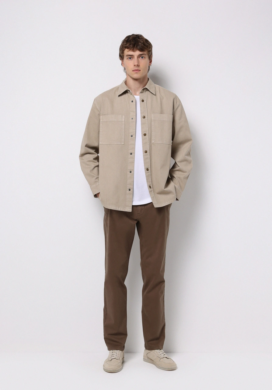 Colins Comfort Fit Shirt Neck Düz Erkek Bej Shacket Cl1076729 Q1.v1 Beı Bej