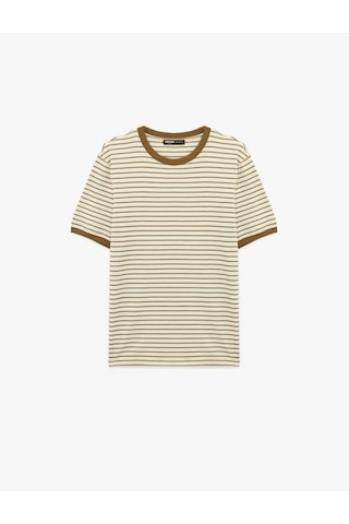 Koton Regular Fit Kısa Kollu Tok Kumaş Biyeli Bisiklet Yaka Çizgili Tişört Kahverengi Çizgili 6sam10318mk