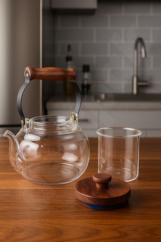 Akasya Kapaklı Ve Üstten Saplı Yuvarlak Cam Demlik - Isıya Dayanıklı - Cam Demlikli - 3 Parça Cam