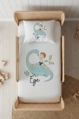 %100 Pamuk Saten İsme Özel İsimli 100x200 Tek Kişilik Lastikli Çarşaf Seti Dinozor Beyaz