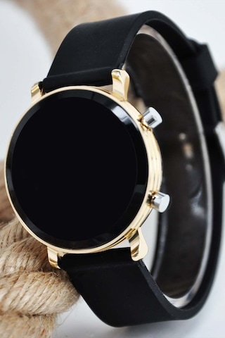 Altın Renk Kasa Siyah Silikon Kordonlu Şık Kadın Kol Saati Su-469