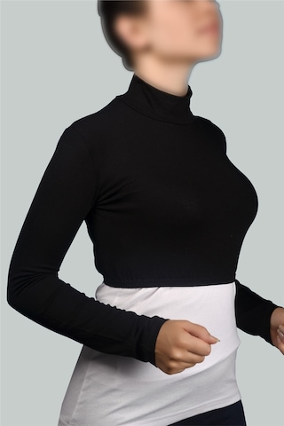 Altobeh Uzun Kol Balıkçı Yaka Boğazlı Likralı Penye Kadın Yarım Body - Siyah