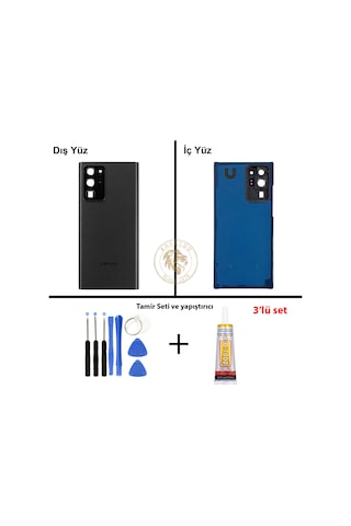 Samsung Galaxy Note 20 Ultra Siyah Renk Lensli Arka Kapak + Tamir Seti + B7000 Yapıştırıcı Arka Cam Batarya Kapağı Pil Kapağı Lazer Kesim Back Cover Galaxy Note 20 Ultra Uyumlu 16867708