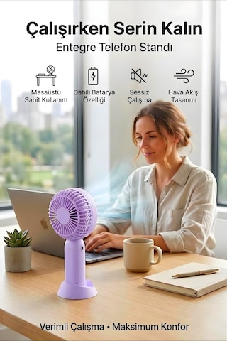 Şarjlı Taşınabilir Mini El Fanı 3 Kademeli Hız Ayarlı Telefon Standlı Vantilatör Mor