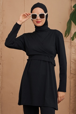 Hmm Swimwear Likralı Tam Kapalı Kelebek Kruvaze Tesettür Mayo 4024 Siyah Siyah