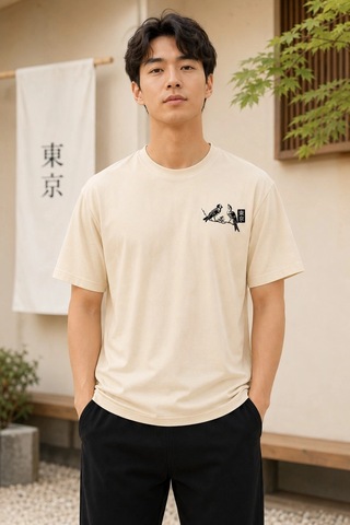 Novalisse Erkek Ön Ve Arka Tokyo Kuş Çiçek Baskılı Oversize T-shirt - Ekru Çoklu Renk