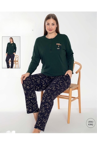 Senfoni Kadın Büyük Beden Düğmeli Yaka Uzun Kol Pamuk Likralı Pijama Takımı 6096 -1 Adet Haki