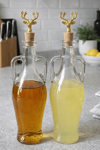 2'li Amfora Model Geyik Mantar Tıpalı Cam Yağ Şişesi - 750ml. Şeffaf Sirke Limon Suyu Şişesi - Altın Geyik Şeffaf