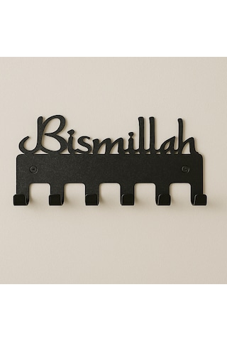 Lunoart Bismillah Yazılı Metal Anahtarlık Askılığı Siyah 6 Askılı Modern Duvar Dekoru Siyah