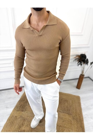 Elku Moda Kazak Slim Fit Polo Yaka Fitilli Yumuşak Dokulu Tüylenmez Sweatshirt Kahverengi