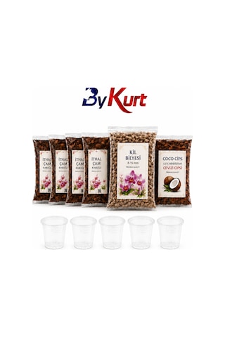 Orkide Toprağı Saksı Değişim Seti Premium - 4 Adet İthal Çam Kabuğu + Coco Cips + Kil Bilyesi + 5 Adet Şeffaf Orkide Saksısı Bakım Seti 6 L