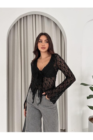 Ckm Moda Noir Lace Bağlamalı Dantel Bluz Siyah