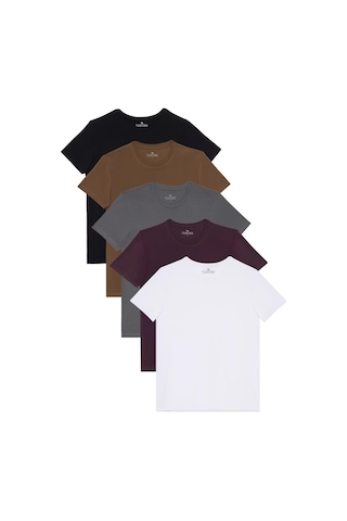 Tudors Unisex 5'li Paket Beyaz-mor-gri-kahverengi-siyah Slim Fit Dar Kesim %100 Pamuk Bisiklet Yaka Tişört-35358 Multi
