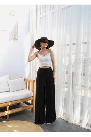 Defymoda Keten Önü Çapraz Parçali Lasti Kli Ve Bağcikli Geni Ş Paça Pantolon Siyah