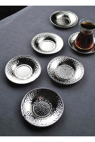 Qualitev 6 Adet Metal Çay Tabağı Dövme Desenli Çay Tabak 10 Cm Gümüş
