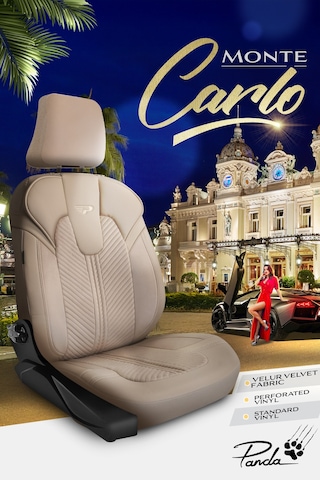 Bej - Bej Panda Monte Carlo Serisi Velor Kadife Kumaş Oto Koltuk Kılıfı - Tam Set