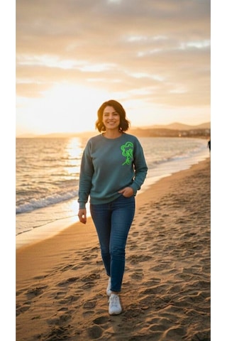 Diagonel Kumaş Çiçek İşlemeli Sweatshirt Yeşil Yeşil