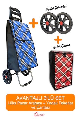 Pazar Arabası Plus Avantajlı 3' Lü Set Pazar Arabası + Yedek Tekeri + Yedek Çantası. Mavi