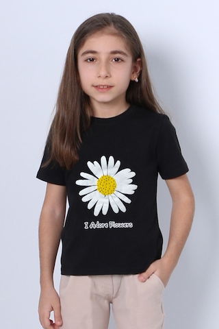 Hçm Kız Çocuk Tshirt Papatya Baskılı Bisiklet Yaka D26 Siyah