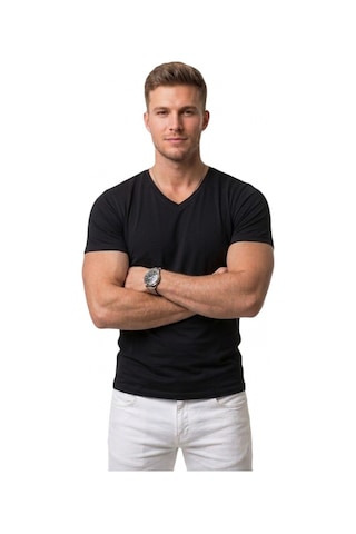 Deepsea Siyah V Yaka Slim Fit Erkek Tişört 1801165 Siyah