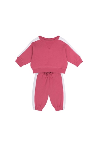 Antebies Organik Pembe,beli Lastikli Bağcıklı Manşetli Kız Bebek Sweatshirt Eşofman Takımı