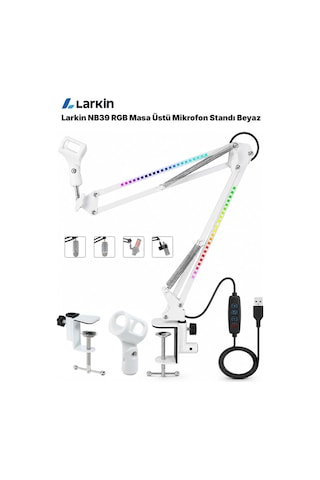 Larkin Nb39 Rgb Demir Masa Üstü Yayıncı Mikrofon Standı Boom Arm Beyaz