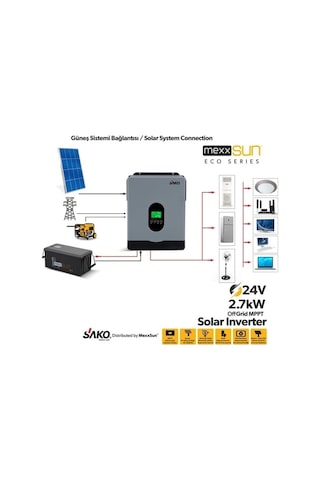 Sako E-sun 24 Volt 2.7 Kw Tam Sinüs Mppt Akıllı İnverter 450 Vdc