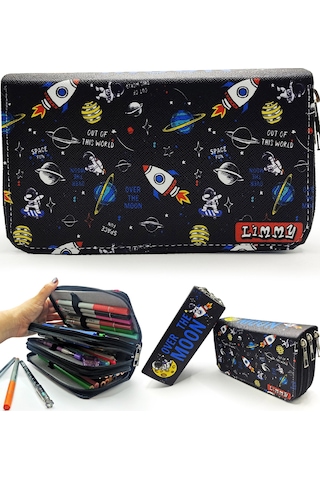 Limmy Kalem Kutusu Organizer Üç Bölmeli Kalemlik Astronot Siyah