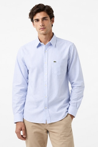 Lacoste Men's Regular Fit Shirt Organik Pamuk Çizgili Erkek Gömlek Açık Mavi Beyaz