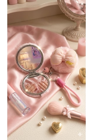 Pembe Peluş Fiyonk Tasarımlı Çift Taraflı Katlanabilir Cep Makyaj Aynası Anahtarlıklı Çanta Aksesuar Çok Renkli