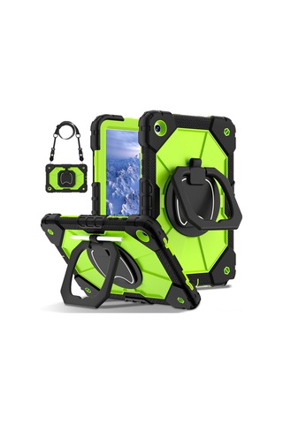 Ximistore9 Samsung Tab A9 8.7" İçin Silikon+pc Tümünü Kapatan Şok Emici Döner Ayaklı Korumalı Kılıf - Siyah Yeşil Sarı